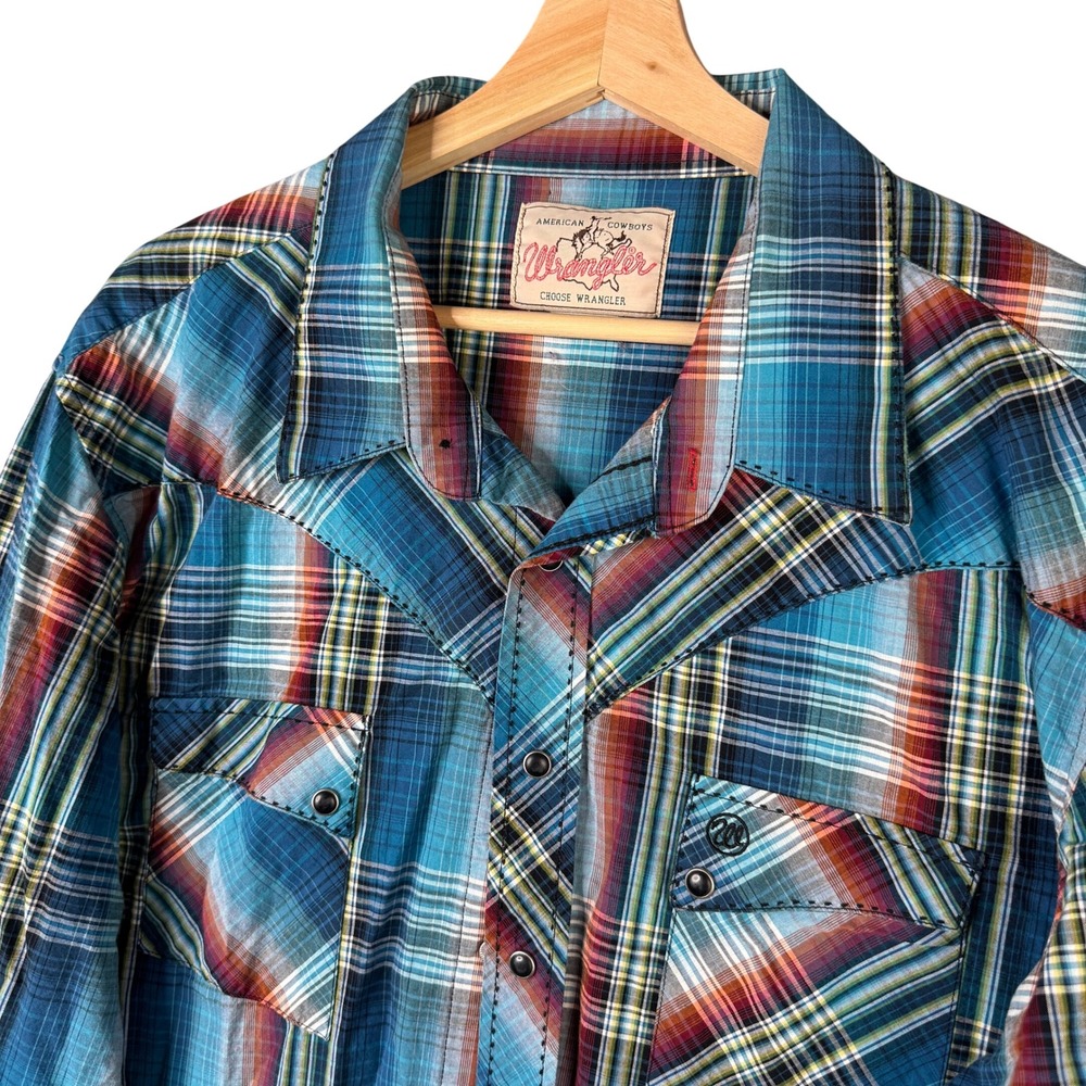 Wrangler American Cowboys Plaid Western Pearl Snap Shirt Blue Orange XL Vintage